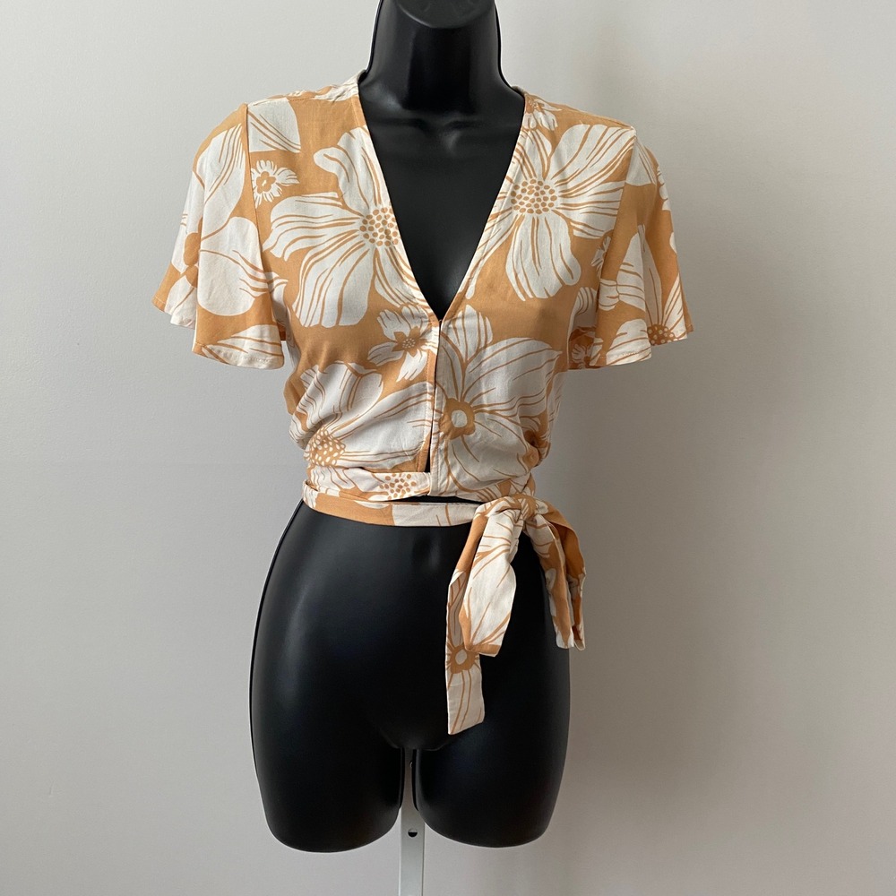 XIX Palms Floral Boho Beachy Tropical Tie Waist Crop Top XS Mustard Yellow
